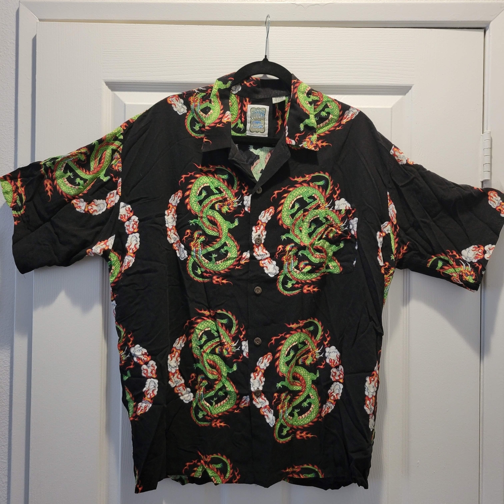 Ocean Current Black and Green Dragon Casual Button Down Shirt